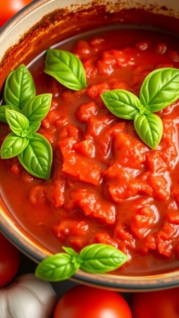 A bowl of rich homemade tomato sauce garnished with basil, surrounded by fresh tomatoes and garlic.